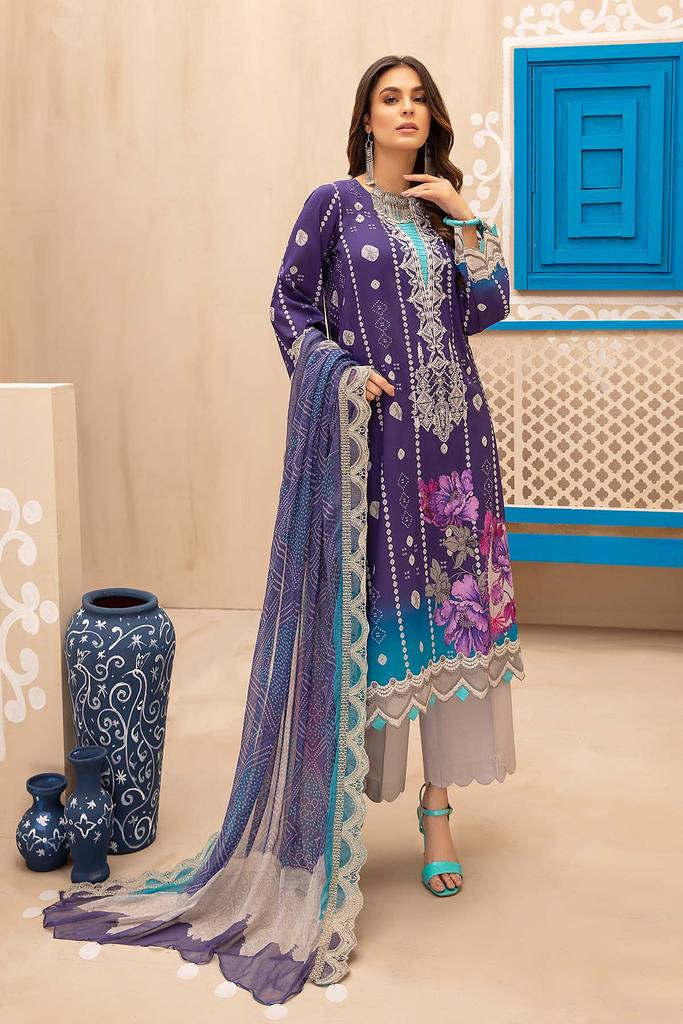 3-piece Unstitched Embroidered Lawn With Chiffon Dupatta CHN-08